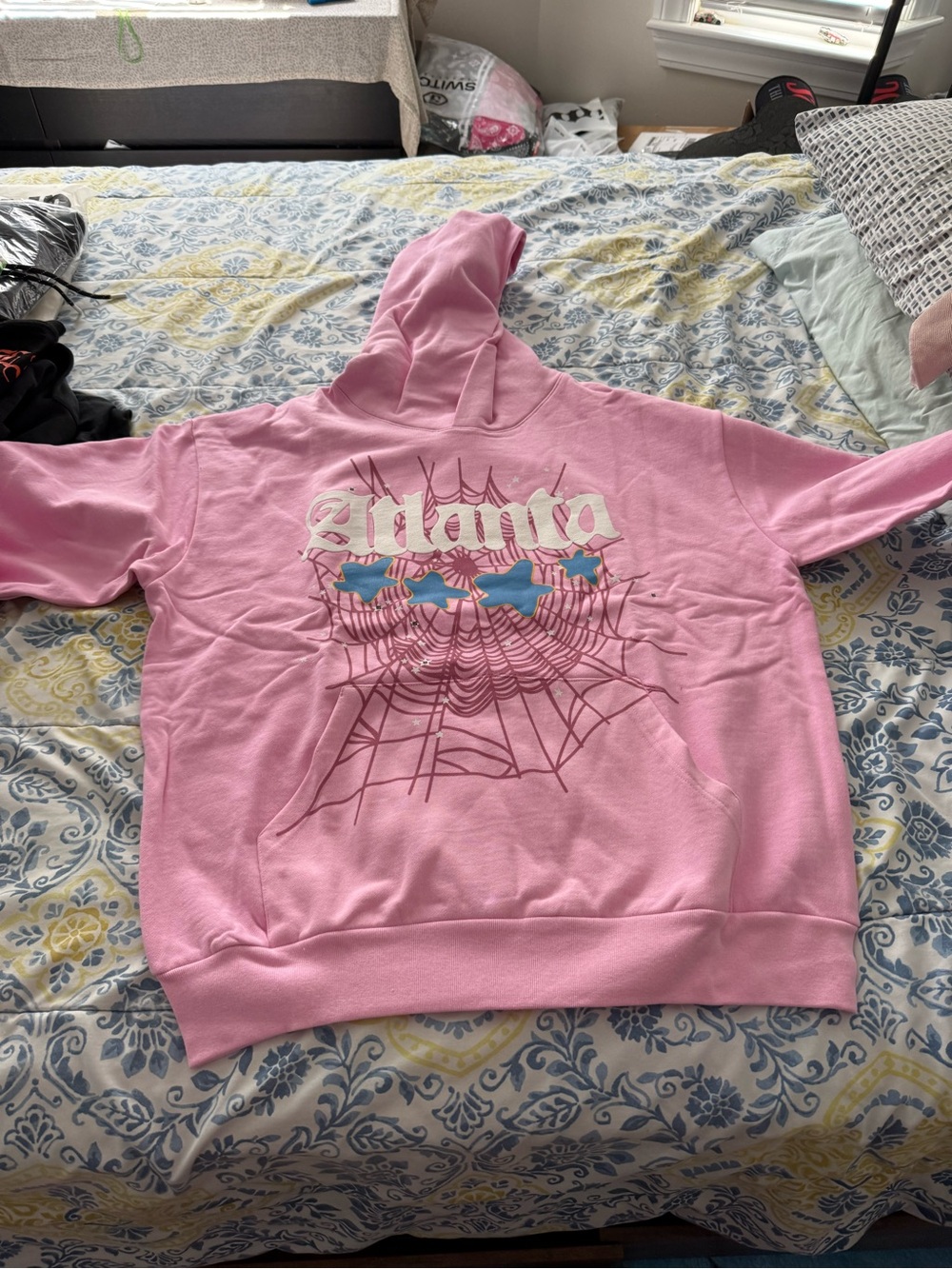 Sp5der Atlanta Pink Graphic Pullover Hoodie with Neon Green Tag